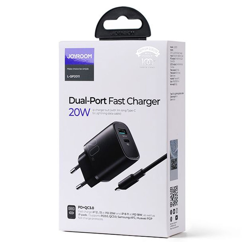 Joyroom (L-QP2011) - Incarcator Retea + Cablu Lightning, 20W, 1xUSB-C, 1xUSB-A, PD, QC 3.0, Black