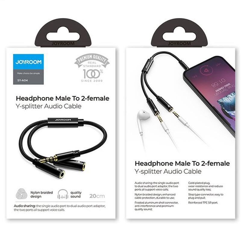 Joyroom (SY-A04) - Cablu, Audio Y Splitter, 2x Jack 3.5mm (F) - la Jack 3.5mm (M) - 20cm, Black