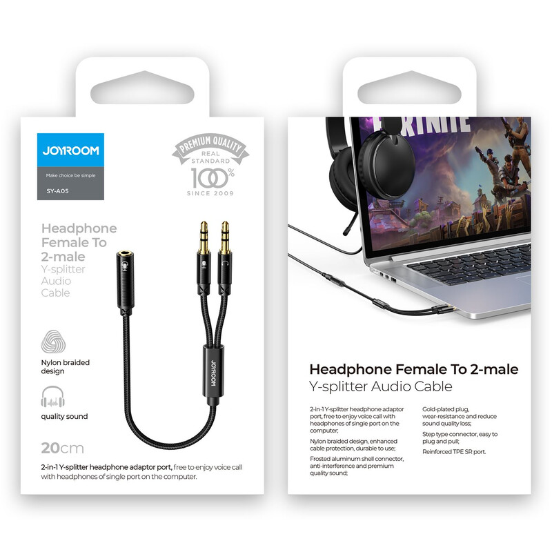 Joyroom (SY-A05) - Cablu, Audio Y Splitter, 2x Jack 3.5mm (M) - la Jack 3.5mm (F) - 20cm, Black