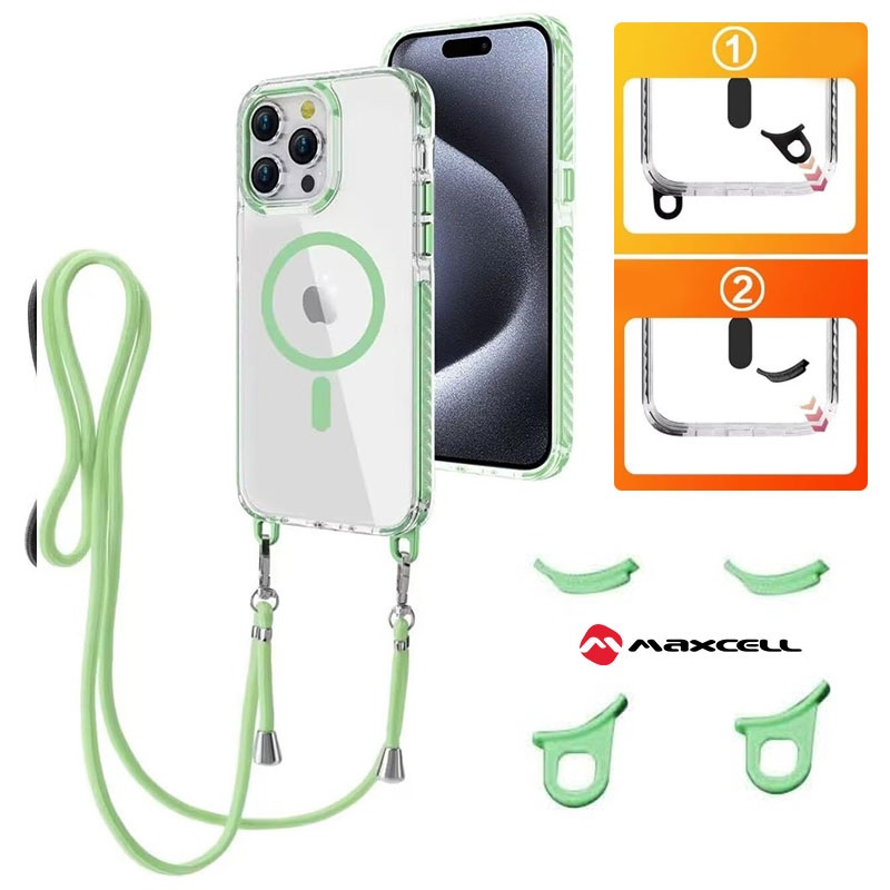 Husa MagFrame » iPhone 14 / 13, AntiDrop 2in1, Snur Detasabil, CLEAR / GREEN frame