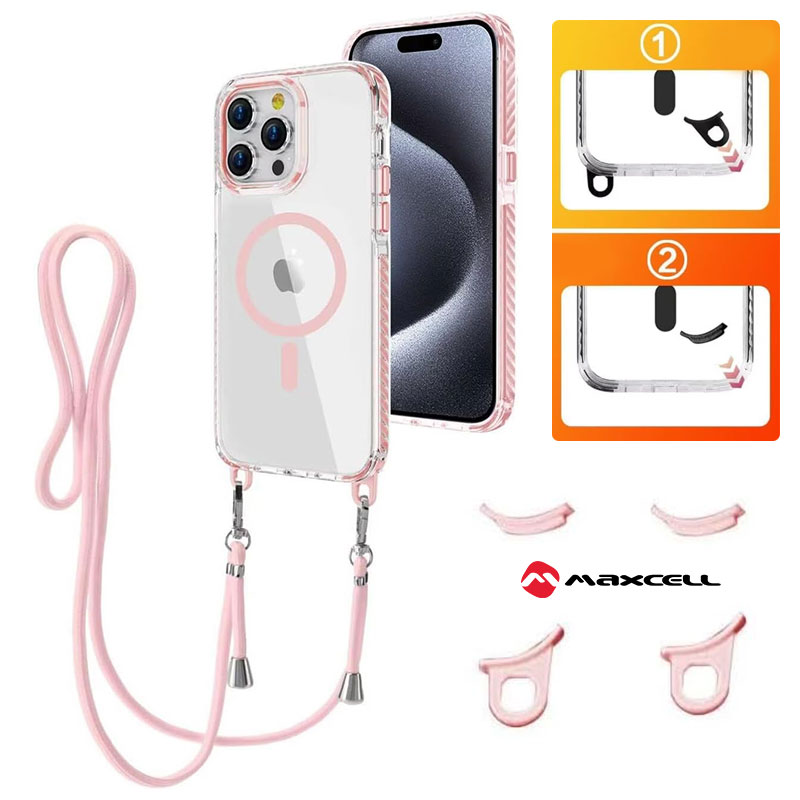 Husa MagFrame » iPhone 14 / 13, AntiDrop 2in1, Snur Detasabil, CLEAR / PINK frame