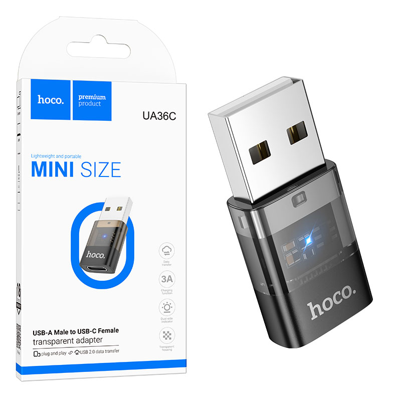 Hoco (UA36C) » Adaptor OTG Transfer/Incarcare, USB-C la USB, 2A, BLACK/Clear