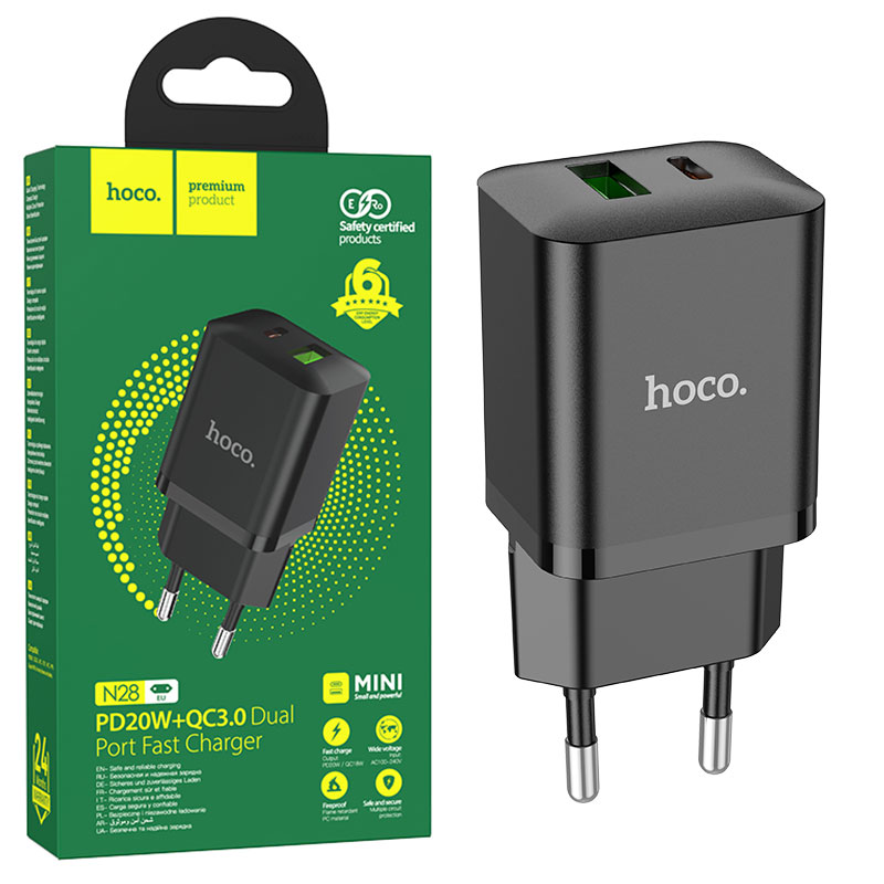 Hoco (N28) - Incarcator Retea, 20W, 1xUSB-C, 1xUSB-A, PD, QC 3.0, Black