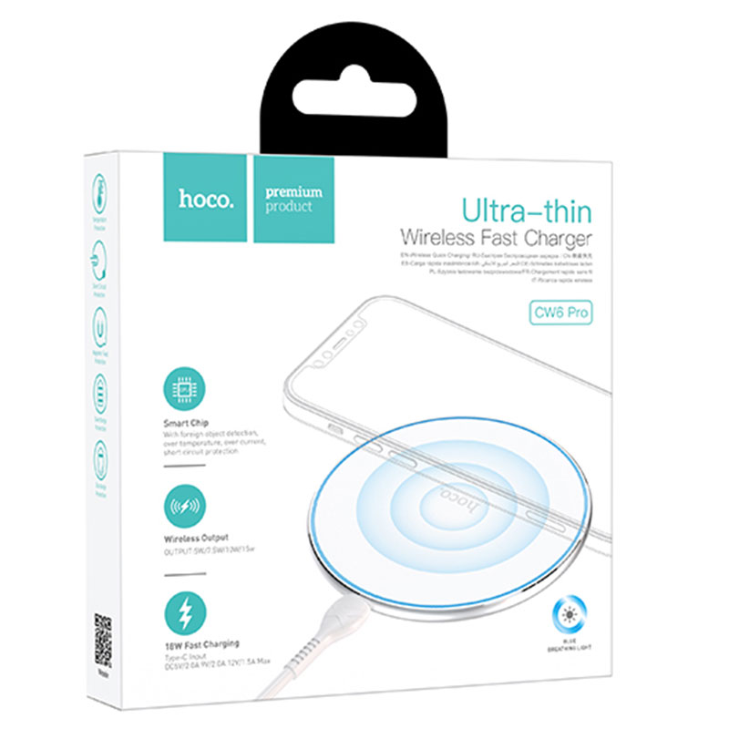 Hoco (CW6 Pro) - Incarcator Wireless, Ultra Thin, 15W, Qi Charging, Ambient Light, White