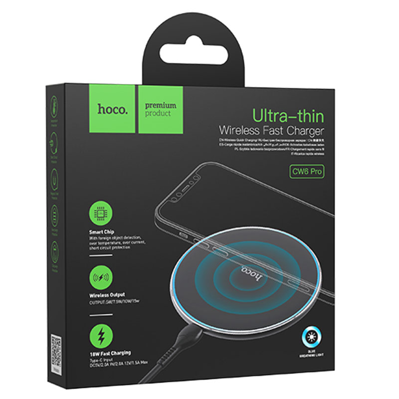 Hoco (CW6 Pro) - Incarcator Wireless, Ultra Thin, 15W, Qi Charging, Ambient Light, Black