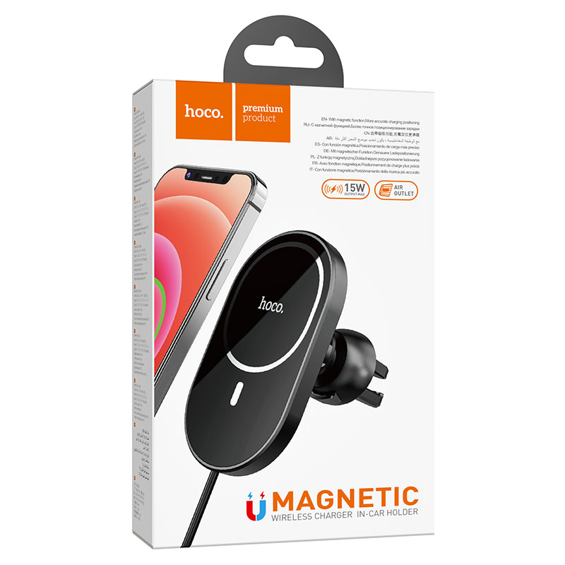 Hoco (CA90) - Suport Auto cu incarcare Wireless, 15W, MagSafe, montaj Ventilatie, cablu USB-C, 1m, Black