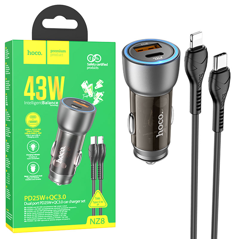 Hoco (NZ8) - Incarcator Auto + Cablu Lightning, 45W, 1xUSB-C, 1xUSB-A, PD, QC 3.0, Clear, BROWN