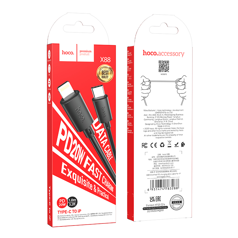 Hoco (X88) - Cablu Date si Incarcare, USB-C la Lightning, PD20W, QC3.0, 1m, Black