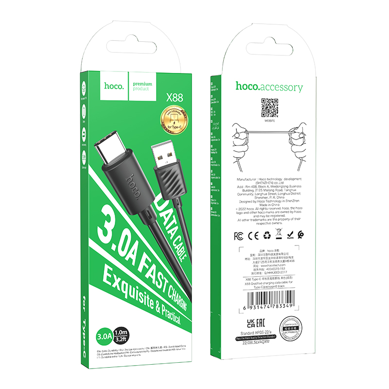 Hoco (X88) - Cablu Date si Incarcare, USB-A la USB-C, 18W, 2.4A, 1m, Black