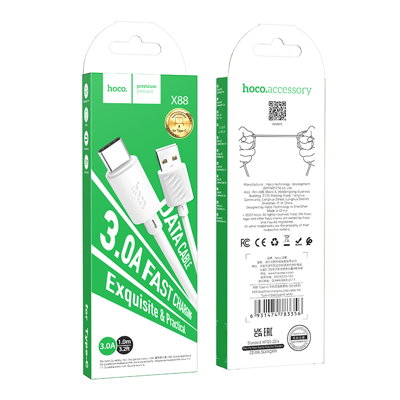 Hoco (X88) - Cablu Date si Incarcare, USB-A la USB-C, 18W, 2.4A, 1m, White