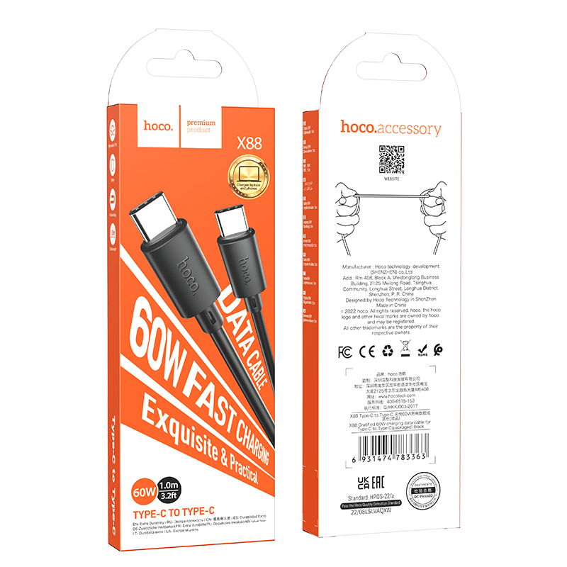 Hoco (X88) - Cablu Date si Incarcare, USB-C, PD60W, QC3.0, 1m, Black