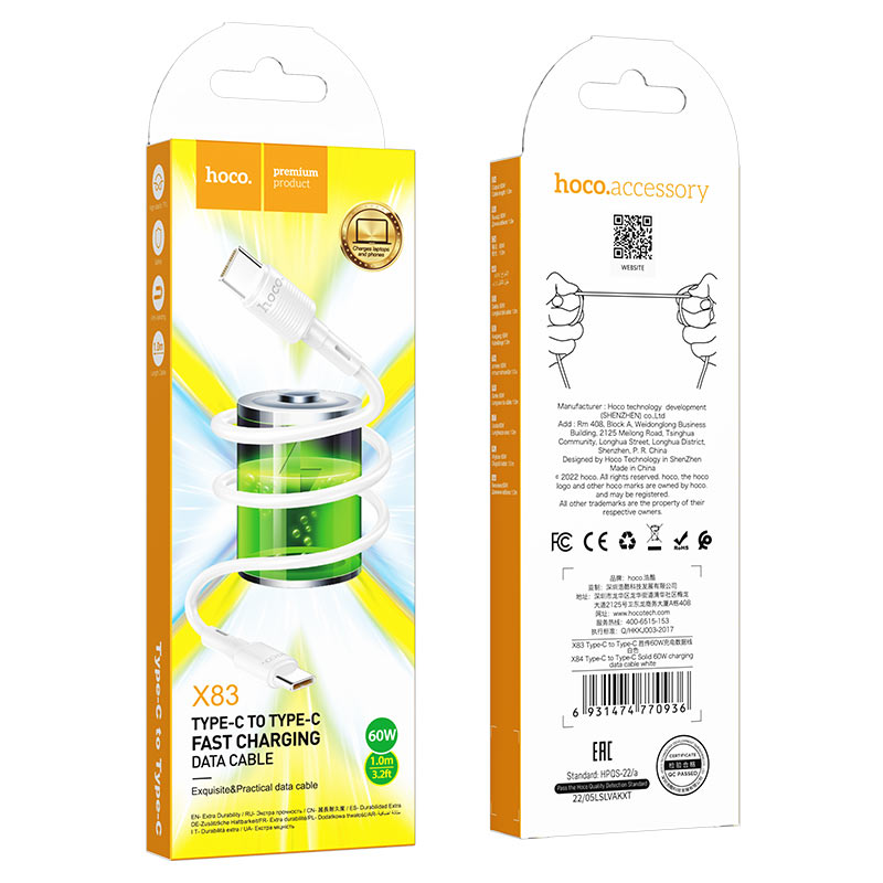 Hoco (X83) - Cablu Date si Incarcare, USB-C, PD60W, QC3.0, 1m, White