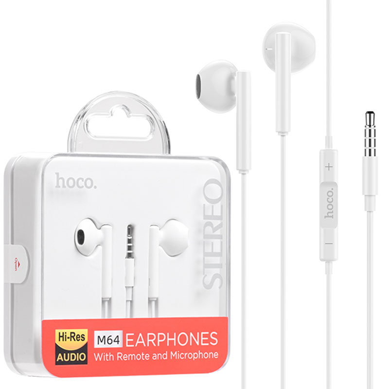 Hoco (M64) - Handsfree, In Ear, 3.5mm, 1.2m, Driving, Mic & Volume Key, HiFi, White
