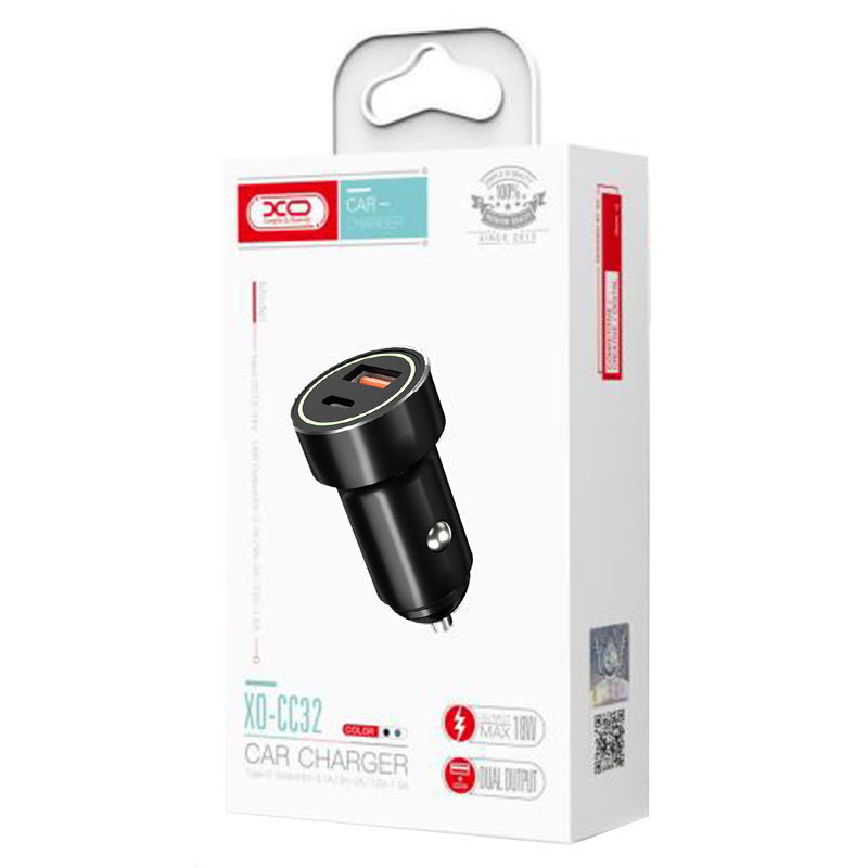 XO (CC32) - Incarcator Auto, 18W, 1xUSB-C, 1xUSB-A, PD, QC 3.0, Black