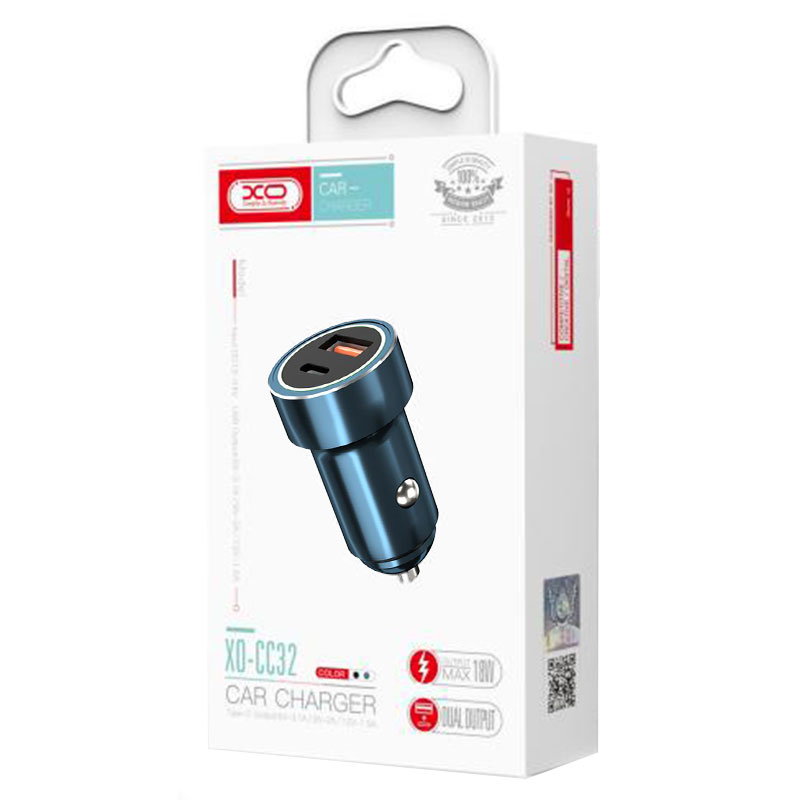 XO (CC32) - Incarcator Auto, 18W, 1xUSB-C, 1xUSB-A, PD, QC 3.0 | Blue