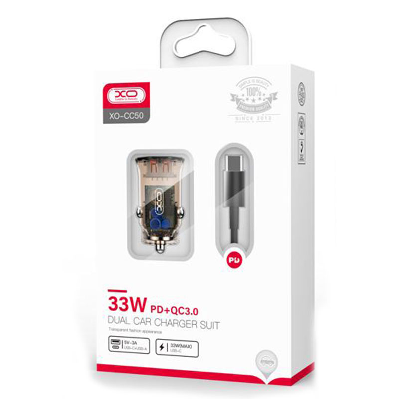 XO (CC50) - Incarcator Auto + Cablu USB-C, 33W, 1xUSB-C, 1xUSB-A, PD, QC 3.0, Clear Design, BROWN