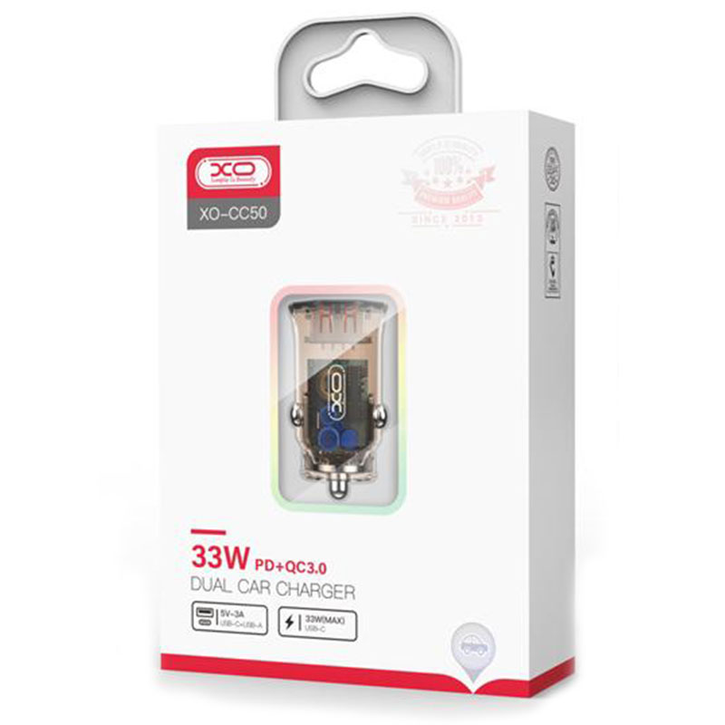 XO (CC50) - Incarcator Auto, 33W, 1xUSB-C, 1xUSB-A, PD, QC 3.0, Clear Design, BROWN