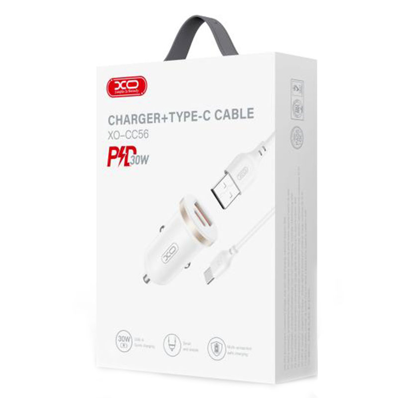 XO (CC56) - Incarcator Auto + Cablu USB-C, 30W, 1xUSB-C, 1xUSB-A, PD, QC 3.0, Compact, White