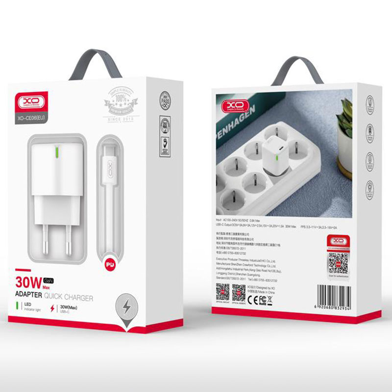 XO (CE06) - Incarcator Retea + Cablu Lightning, GaN, 30W, 1xUSB-C, PD, White
