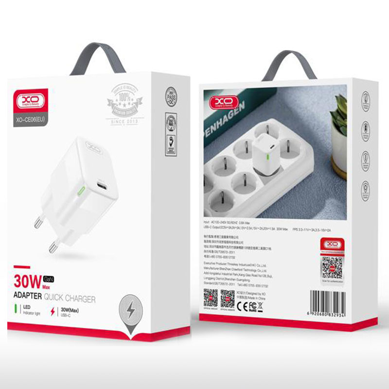 XO (CE06) - Incarcator Retea, GaN, 30W, 1xUSB-C, PD, White