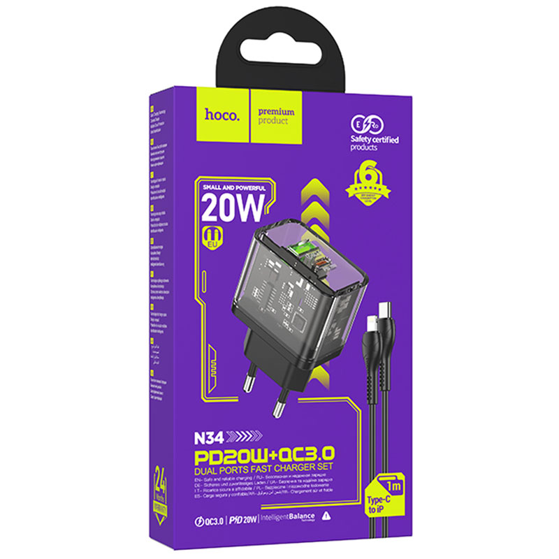 Hoco (N34) - Incarcator Retea + Cablu Lightning, 20W, 1xUSB-C, 1xUSB-A, PD, QC 3.0, Clear, Black