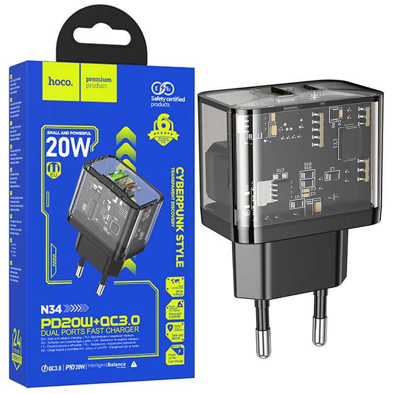 Hoco (N34) - Incarcator Retea, 20W, 1xUSB-C, 1xUSB-A, PD, QC 3.0, Clear, Black