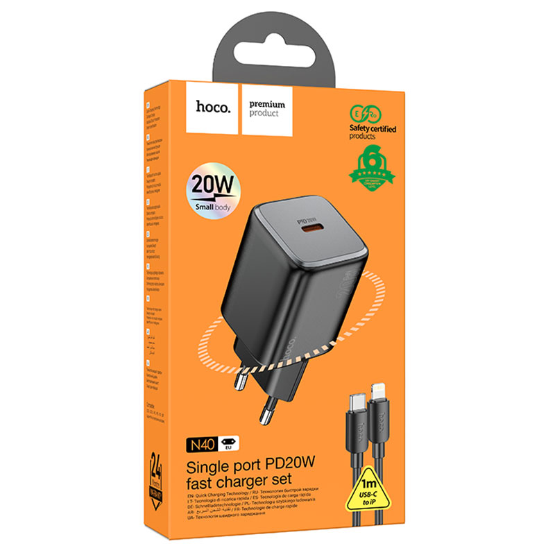 Hoco (N40) - Incarcator Retea + Cablu Lightning, 20W, 1xUSB-C, PD, Black