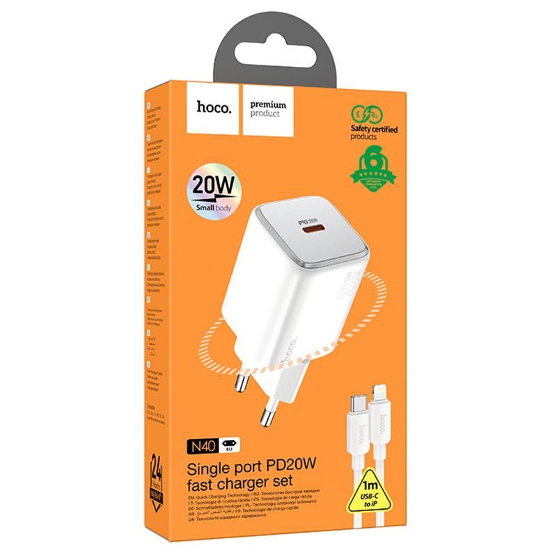 Hoco (N40) - Incarcator Retea + Cablu Lightning, 20W, 1xUSB-C, PD, White