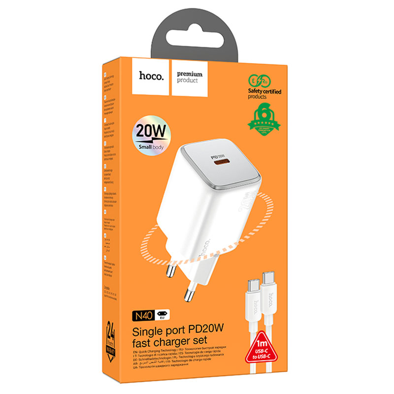 Hoco (N40) - Incarcator Retea + Cablu USB-C, 20W, 1xUSB-C, PD, White