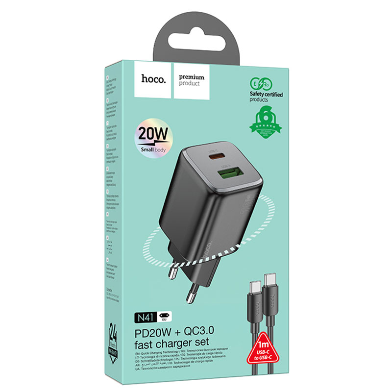 Hoco (N41) - Incarcator Retea + Cablu USB-C, 20W, 1xUSB-C, 1xUSB-A, PD, QC 3.0, Black