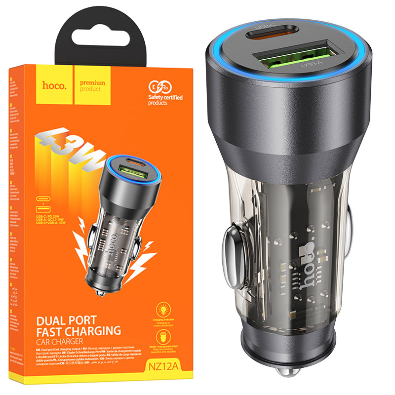 Hoco (NZ12A) - Incarcator Auto, 25W, 1xUSB-C, 1xUSB-A, PD, QC 3.0, Clear, Black