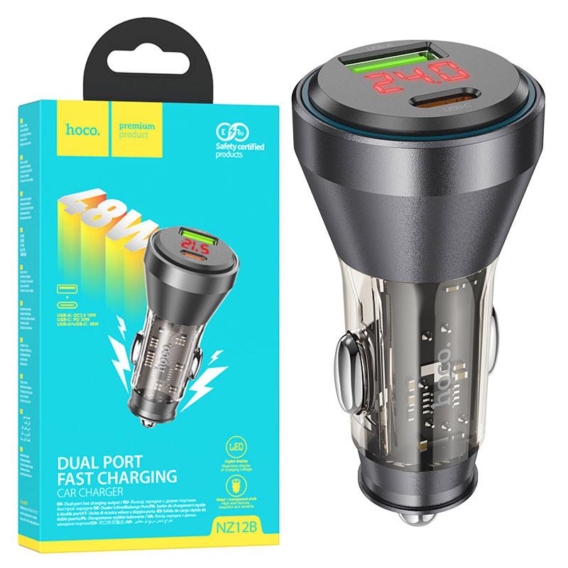 Hoco (NZ12B) - Incarcator Auto, 30W, 1xUSB-C, 1xUSB-A, PD, QC 3.0, Power LED, Clear, Black