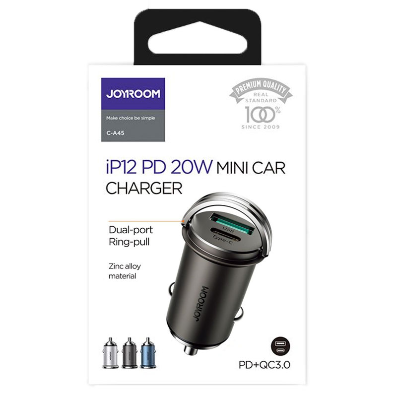 Joyroom (C-A45) - Incarcator Auto, Mini, 20W, 1xUSB-C, 1xUSB-A, PD, QC 3.0, Ring-Pull, Black