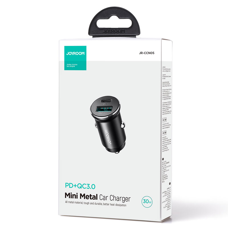 Joyroom (JR-CCN05) - Incarcator Auto, Mini, 30W, 1xUSB-C, 1xUSB-A, PD, QC 3.0, Metall, Black