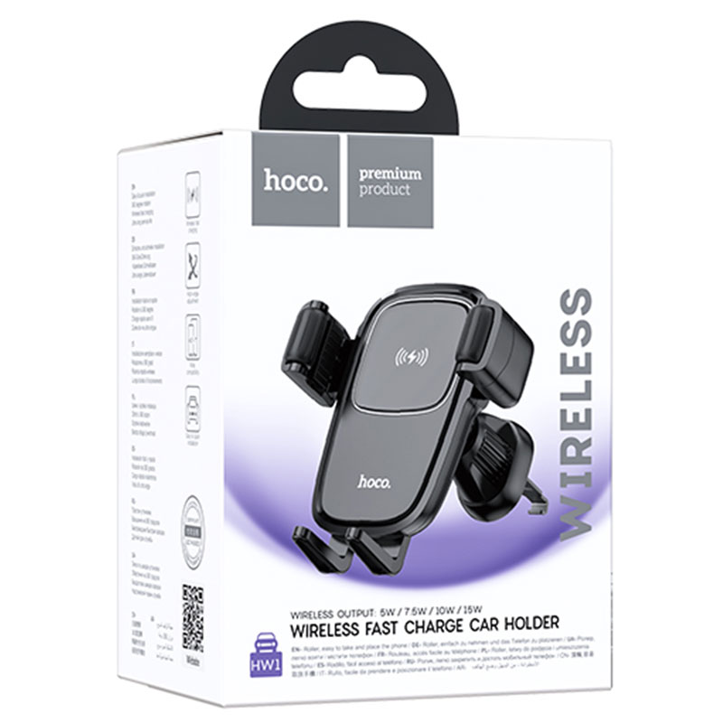 Hoco (HW1) - Suport Auto cu incarcare Wireless, 15, cu cleme laterale, montaj Ventilatie, cablu USB-C, 1m, AutoGravity, Pull Hook, Black