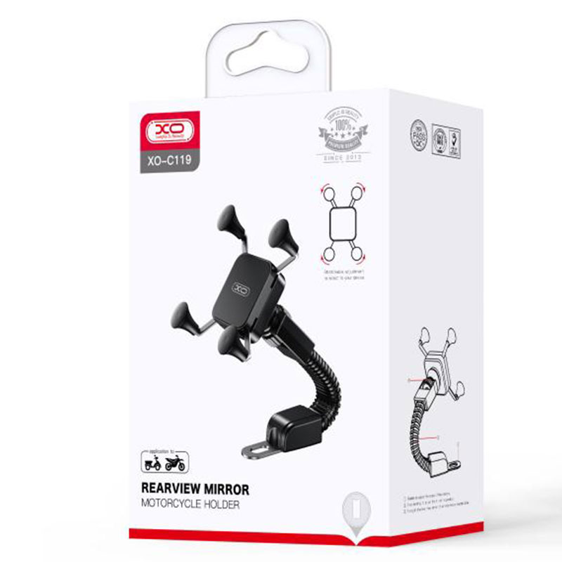 XO (C119) - Suport Moto/Bike, cu cleme laterale, montaj Oglinda, MultiAngle, brat flexibil, Black