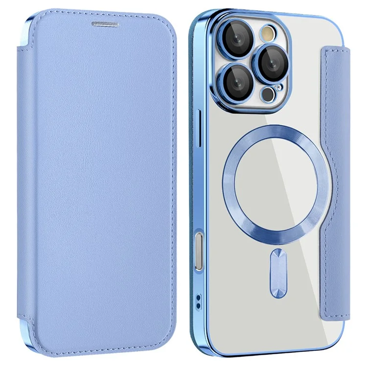 Husa MagFlip » iPhone 16 Pro, Magnet, RFID protect, Leather, Chrome Edge, Sky BLUE